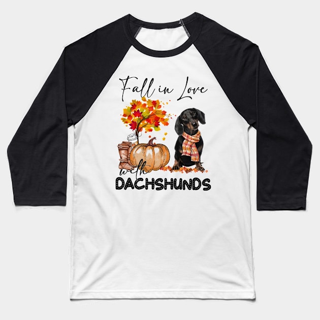 Fall In Love With Dachshunds Dog Fall Pumpkin Thanksgiving Baseball T-Shirt by TATTOO project